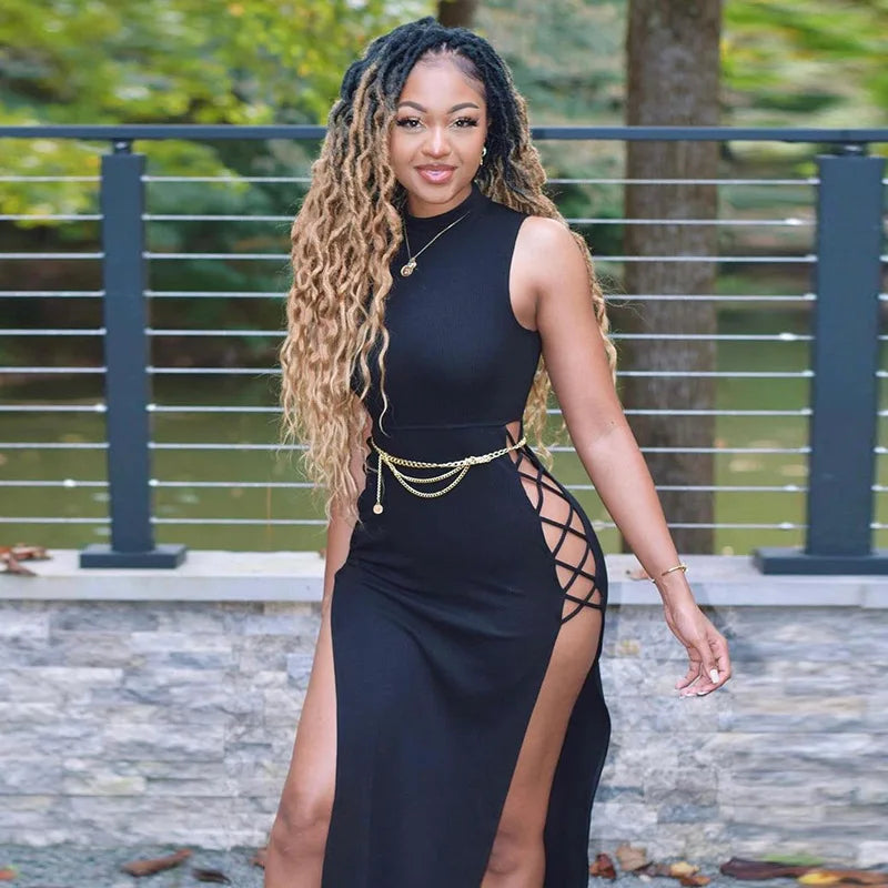 Sexy High Slit Lace-up Dress Europe and the United States Summer New Vest Solid Color Long Skirt Women's Club Dress