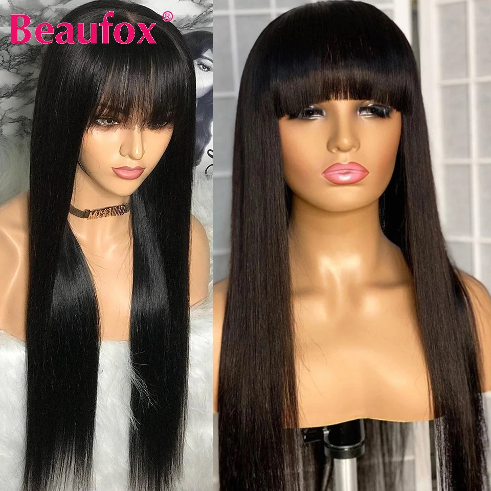 Beaufox Brazilian Straight Human Hair Wigs With Bangs Remy Full Machine Made Human Hair Wigs For Women 8-28 Inch Fringe Wig