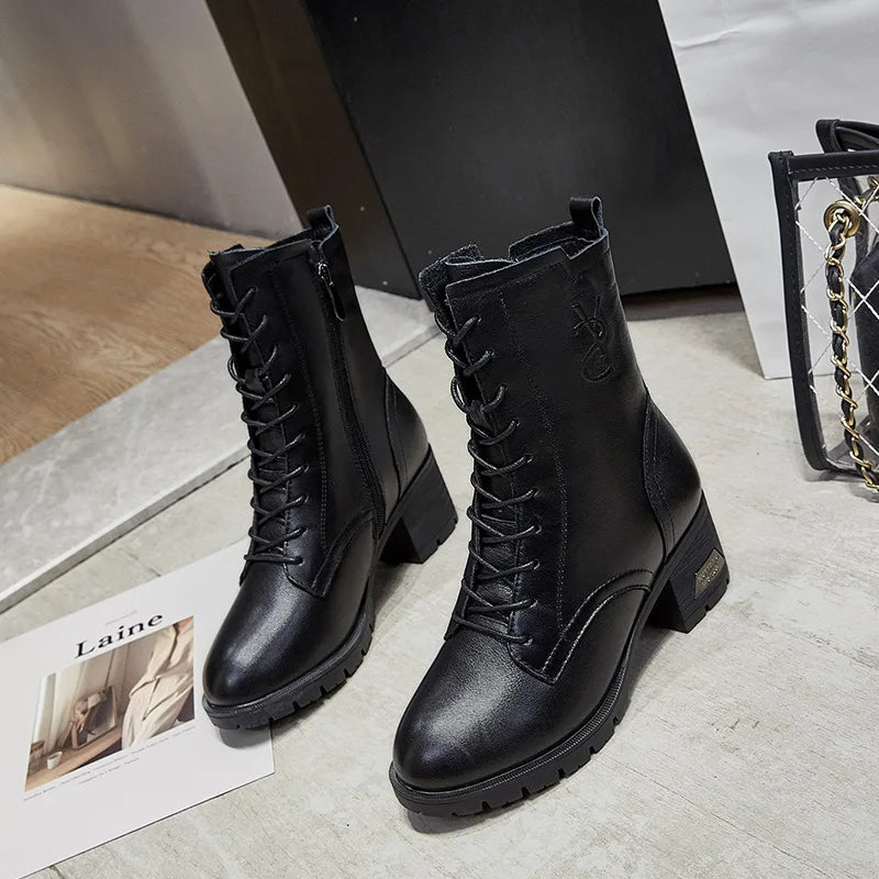 Luxury Women Warm Matrtin Leather Boots Platform Ladies  Winter Shoes
