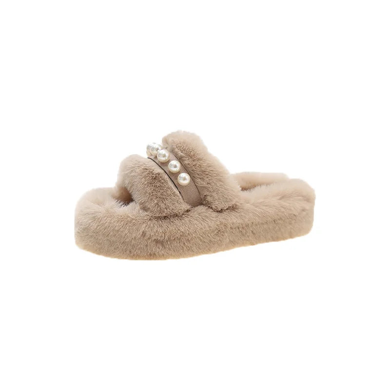 New Winter Online Celebrity Warm Fashion Pearl Adult Home Slippers Fur Warm Shoes Flats Female Adult Non-slip Outdoor Slippers