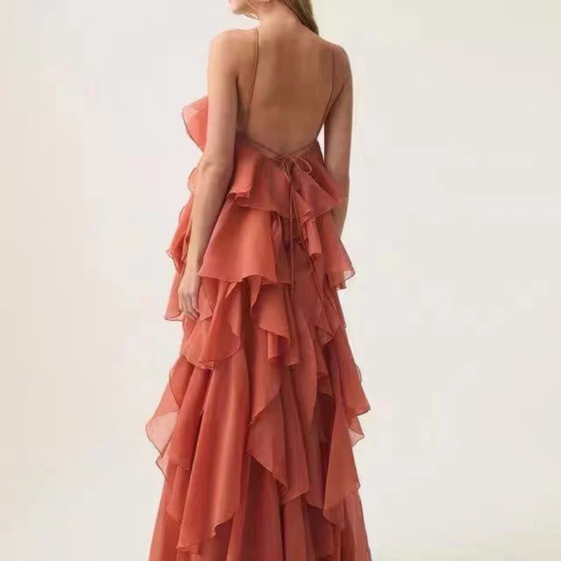 Beach Long Sleeveless Dress for Women Summer Design Fashion Halter Backless Solid 3D Appliques Cascading Ruffles A-Line Party