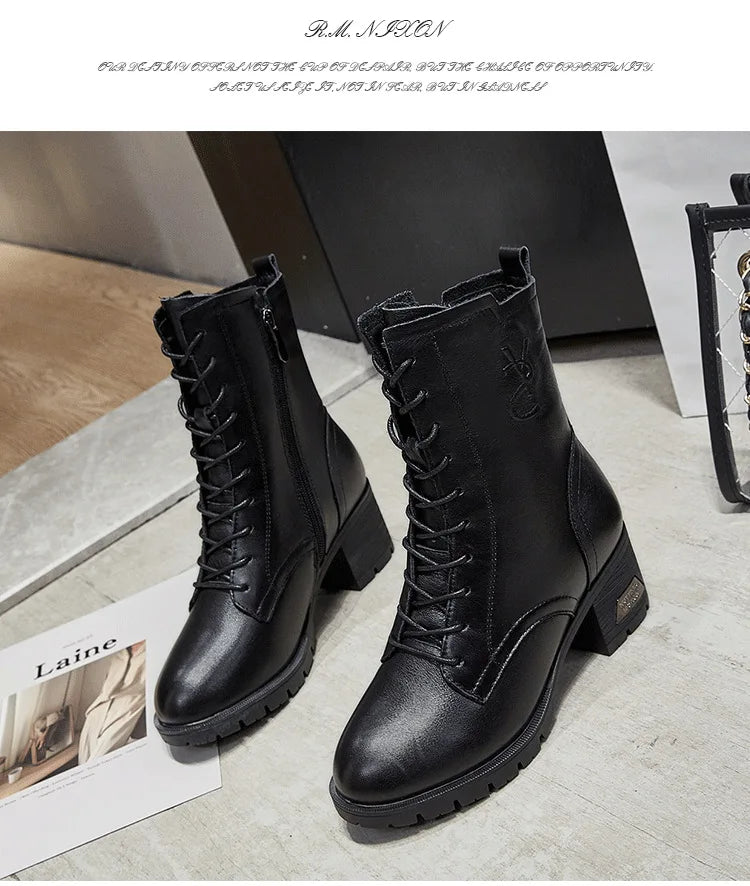 Luxury Women Warm Matrtin Leather Boots Platform Ladies  Winter Shoes