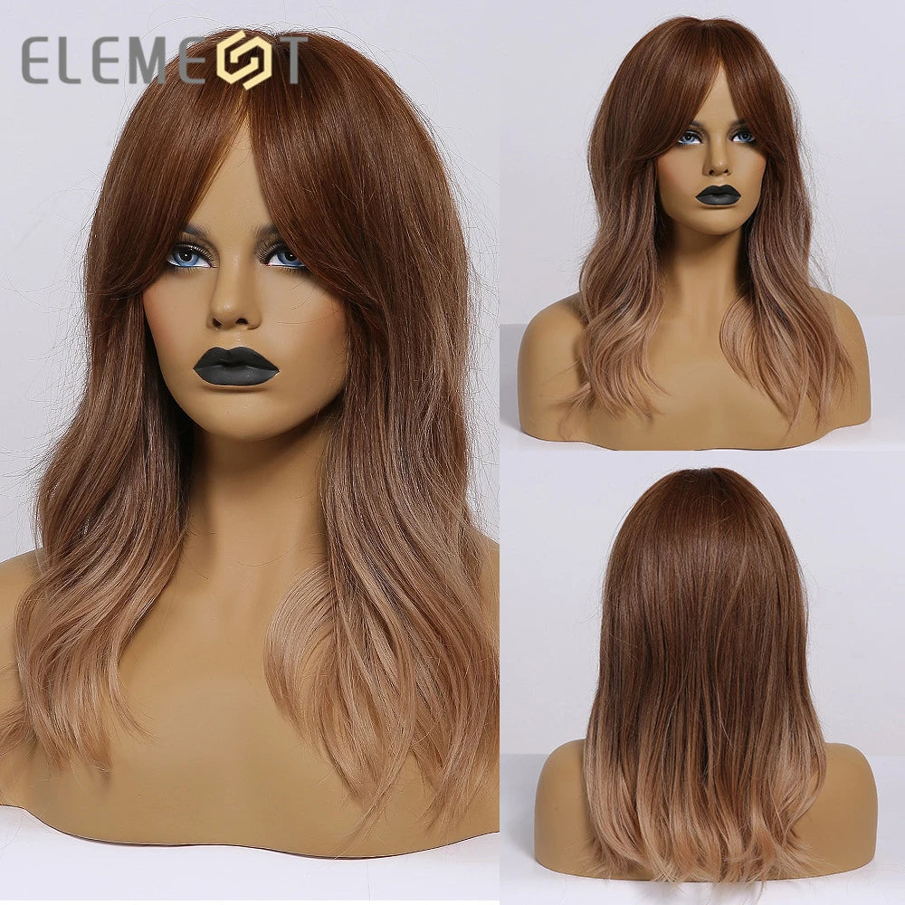ELEMENT 16 Inch Ombre Golden Blonde Loose Curly Hair Wig with Bangs Lolita Cosplay Party Daily Wigs for Women