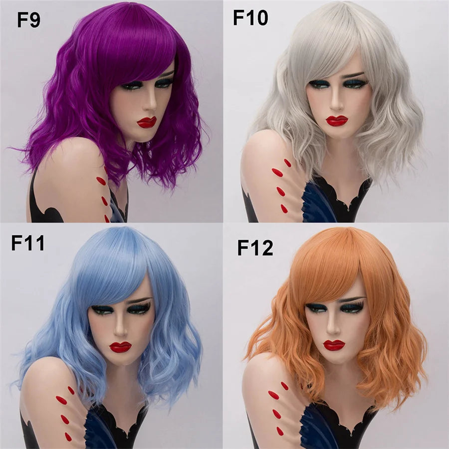 GAKA Short Wig Grey White Wavy Cosplay Red Wig with Side Bang for Women 32 Colors Party Costume Lolita Synthetic Hair