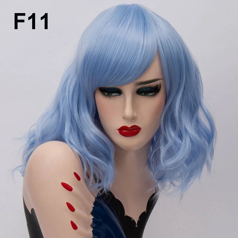 GAKA Short Wig Grey White Wavy Cosplay Red Wig with Side Bang for Women 32 Colors Party Costume Lolita Synthetic Hair