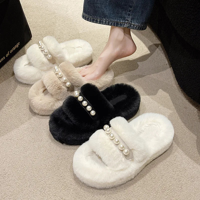 New Winter Online Celebrity Warm Fashion Pearl Adult Home Slippers Fur Warm Shoes Flats Female Adult Non-slip Outdoor Slippers