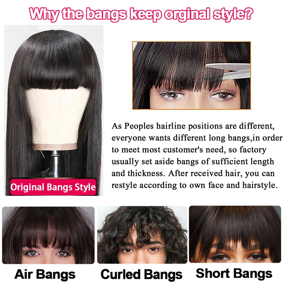 Beaufox Brazilian Straight Human Hair Wigs With Bangs Remy Full Machine Made Human Hair Wigs For Women 8-28 Inch Fringe Wig
