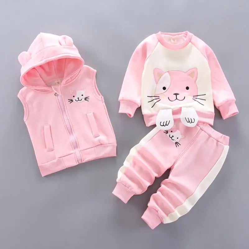 2026 New Baby Boys Girls Christmas Cartoon Winter Hooded Plush Warm Vest Coat+Sweatshirt+Pants 3Pcs Infant Children Sports Suit
