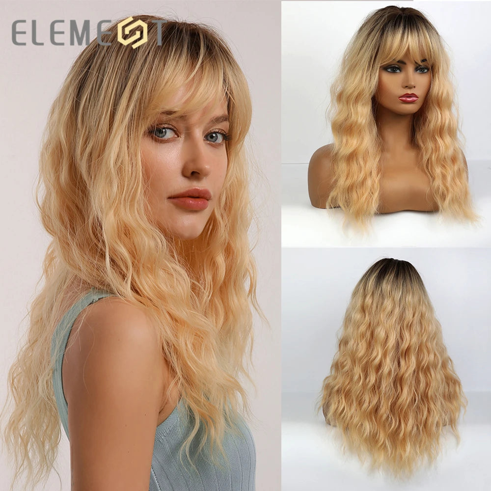 ELEMENT 16 Inch Ombre Golden Blonde Loose Curly Hair Wig with Bangs Lolita Cosplay Party Daily Wigs for Women