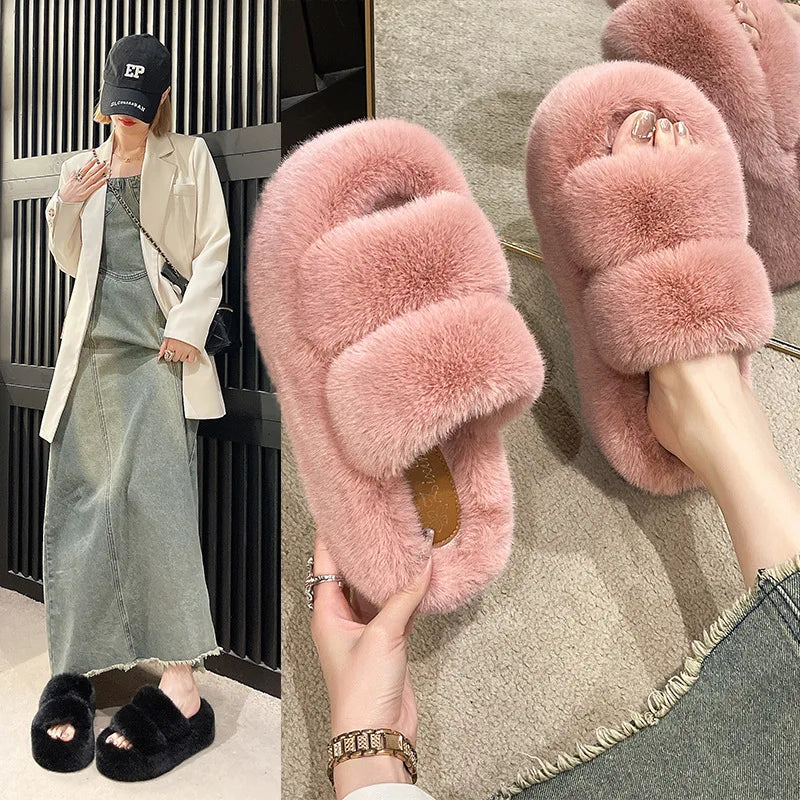 Greatslides Custom Women Furry Slippers,Sandals for Women and Ladies Luxury,Women Winter Warm Shoes Slides Plush Flat Slipper