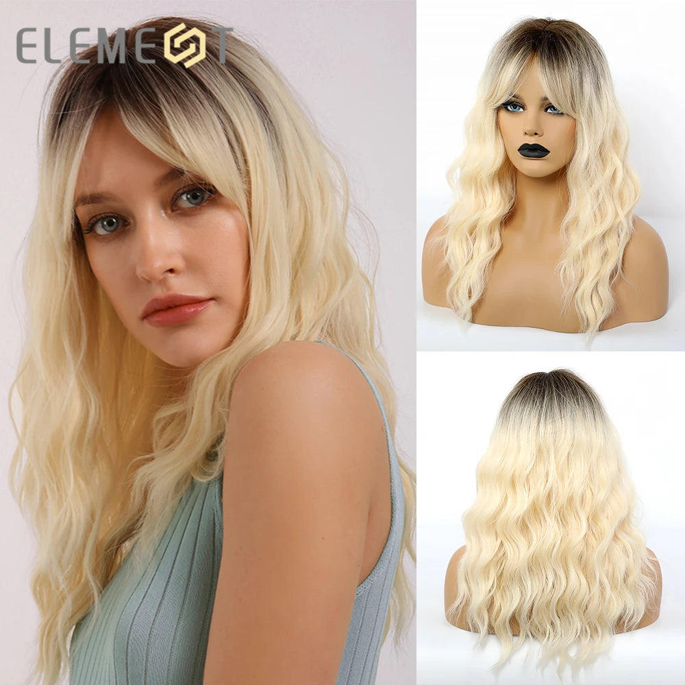 ELEMENT 16 Inch Ombre Golden Blonde Loose Curly Hair Wig with Bangs Lolita Cosplay Party Daily Wigs for Women