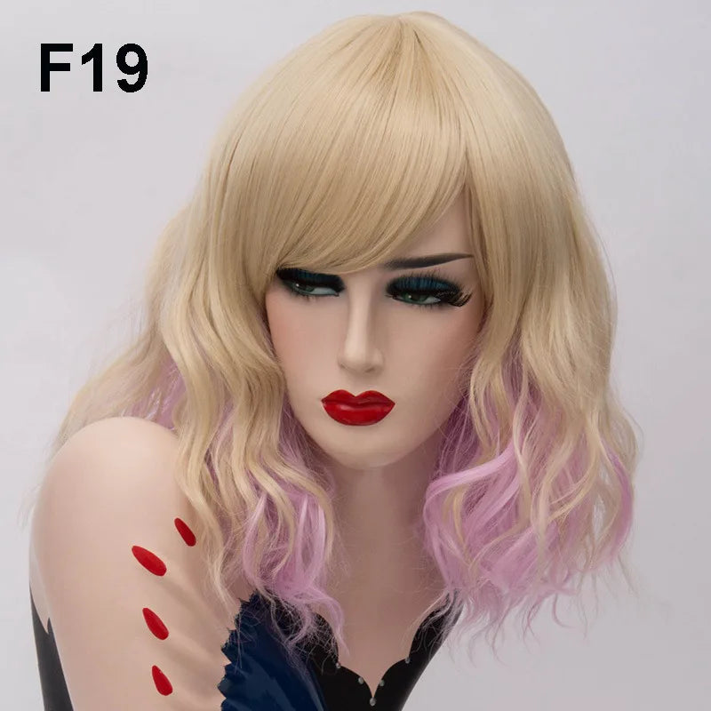 GAKA Short Wig Grey White Wavy Cosplay Red Wig with Side Bang for Women 32 Colors Party Costume Lolita Synthetic Hair
