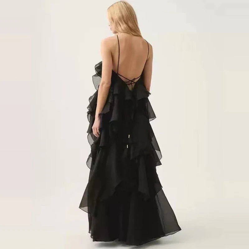 Beach Long Sleeveless Dress for Women Summer Design Fashion Halter Backless Solid 3D Appliques Cascading Ruffles A-Line Party
