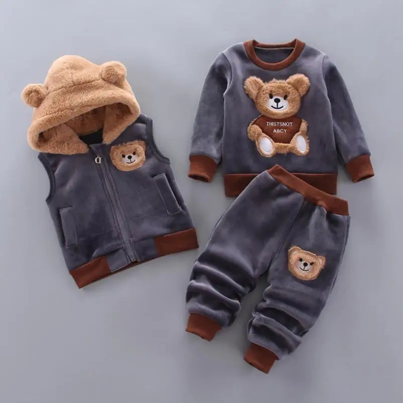 2026 New Baby Boys Girls Christmas Cartoon Winter Hooded Plush Warm Vest Coat+Sweatshirt+Pants 3Pcs Infant Children Sports Suit