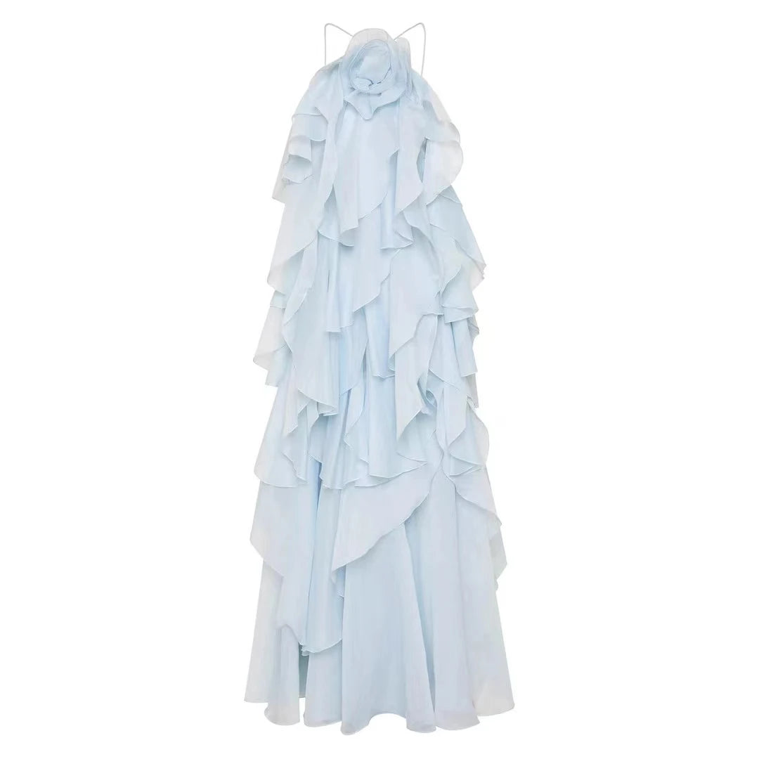 Beach Long Sleeveless Dress for Women Summer Design Fashion Halter Backless Solid 3D Appliques Cascading Ruffles A-Line Party