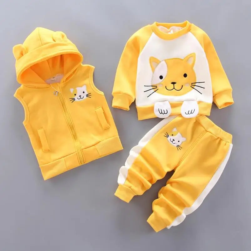 2026 New Baby Boys Girls Christmas Cartoon Winter Hooded Plush Warm Vest Coat+Sweatshirt+Pants 3Pcs Infant Children Sports Suit