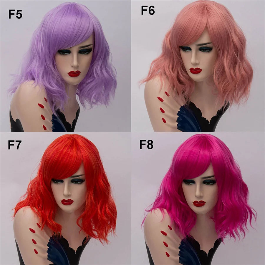 GAKA Short Wig Grey White Wavy Cosplay Red Wig with Side Bang for Women 32 Colors Party Costume Lolita Synthetic Hair