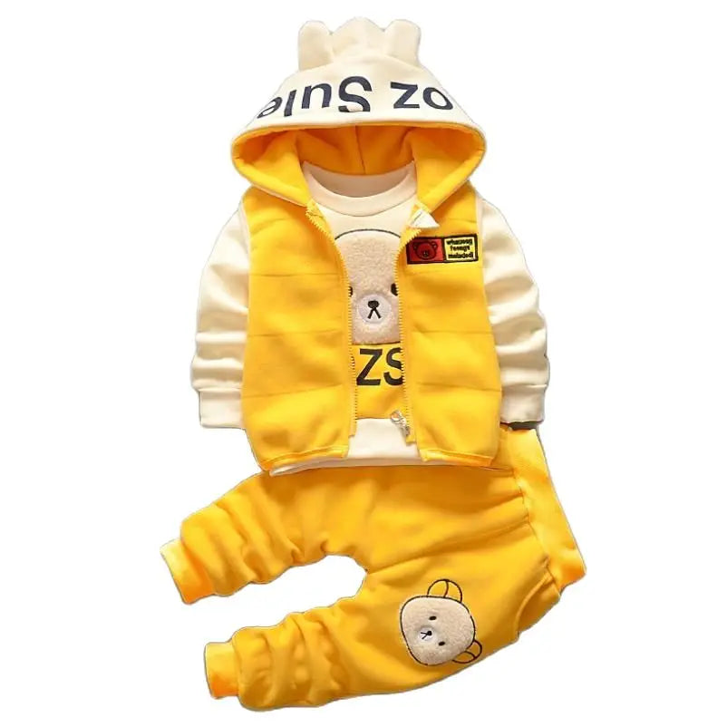 2026 New Baby Boys Girls Christmas Cartoon Winter Hooded Plush Warm Vest Coat+Sweatshirt+Pants 3Pcs Infant Children Sports Suit