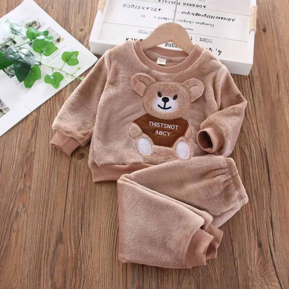 Girls Clothing Sets Children's Flannel Pajamas Home Clothes Casual Warm and Children Baby Sleepwear Suit Fleece Plain Solid