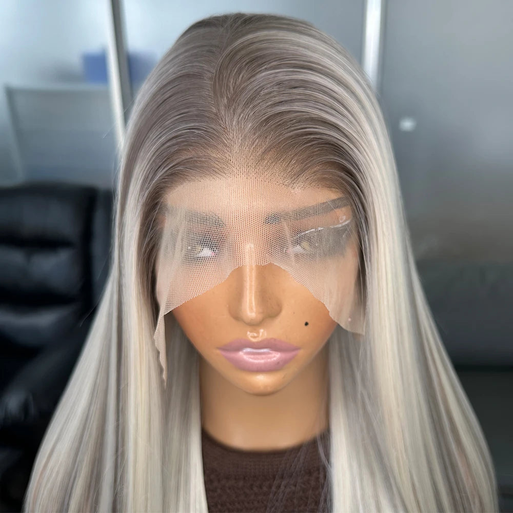 Long Straight Ombre Grey Lace Frontal Wigs 13X6 Heat Resistant Synthetic Lace Front Wigs for Black Women