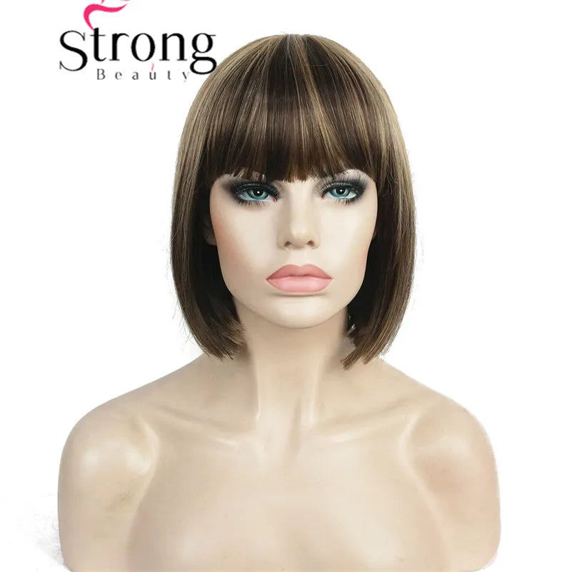 StrongBeauty Short Bob Wig Point Part Bangs synthetic Wigs COLOUR CHOICES
