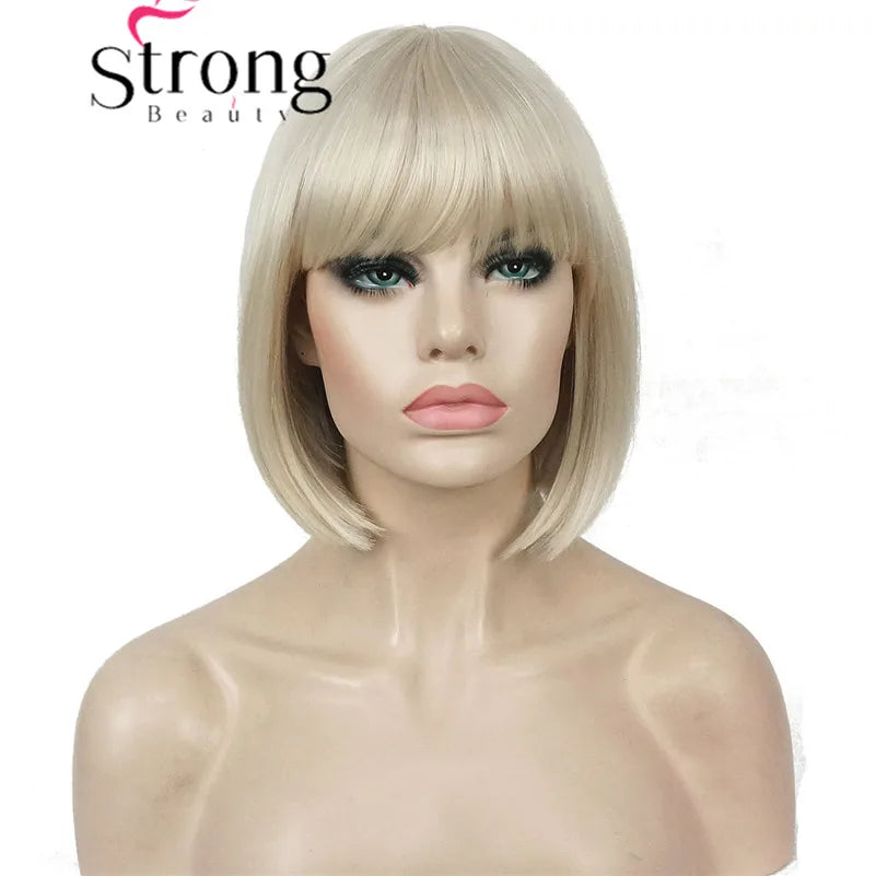 StrongBeauty Short Bob Wig Point Part Bangs synthetic Wigs COLOUR CHOICES