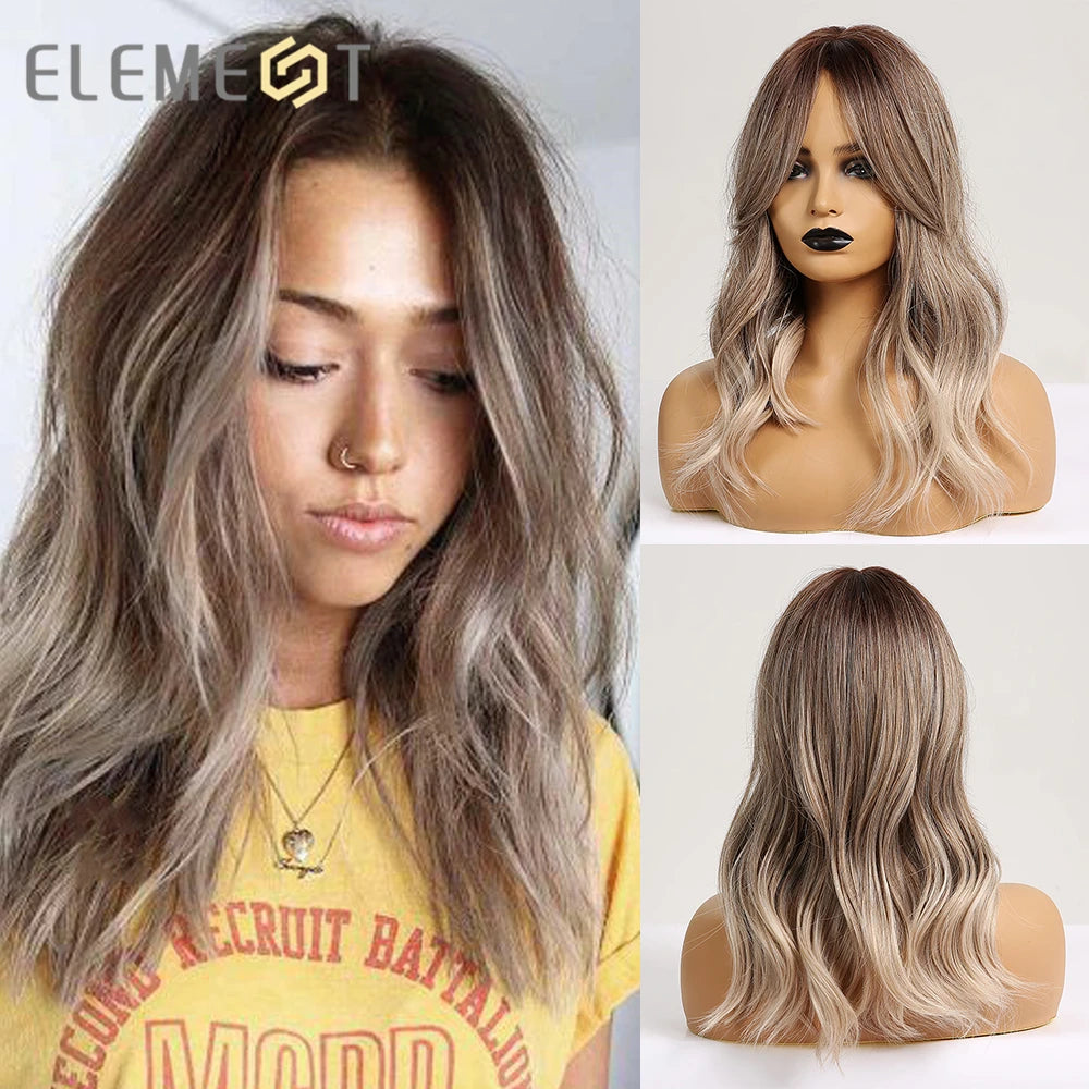 ELEMENT 16 Inch Ombre Golden Blonde Loose Curly Hair Wig with Bangs Lolita Cosplay Party Daily Wigs for Women