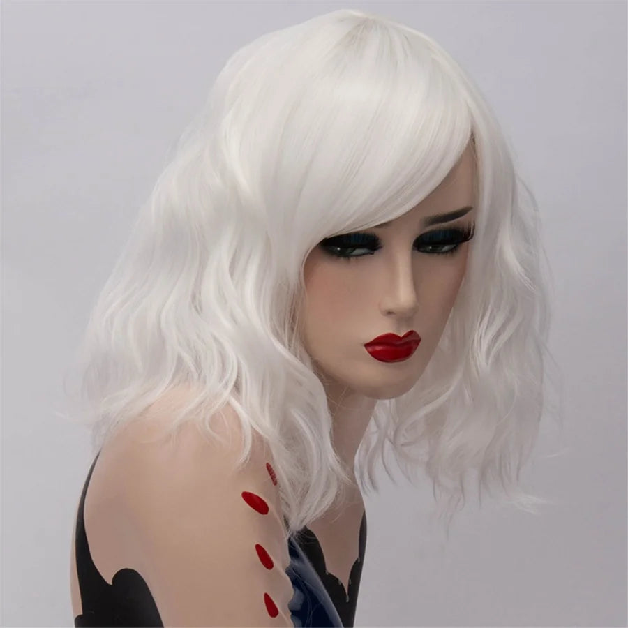 GAKA Short Wig Grey White Wavy Cosplay Red Wig with Side Bang for Women 32 Colors Party Costume Lolita Synthetic Hair