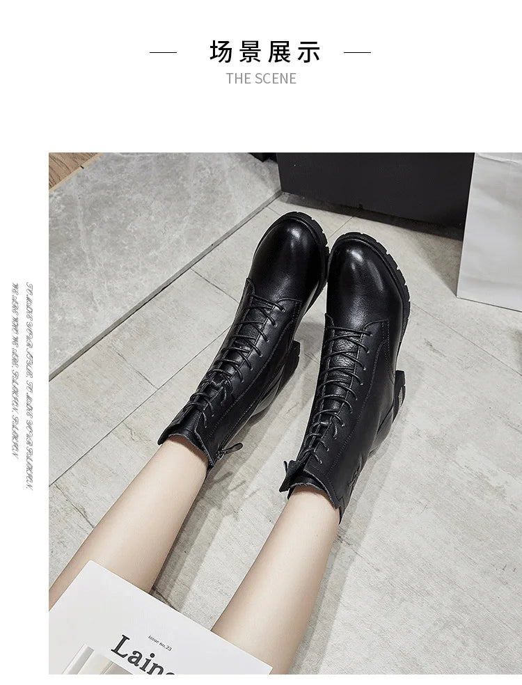 Luxury Women Warm Matrtin Leather Boots Platform Ladies  Winter Shoes
