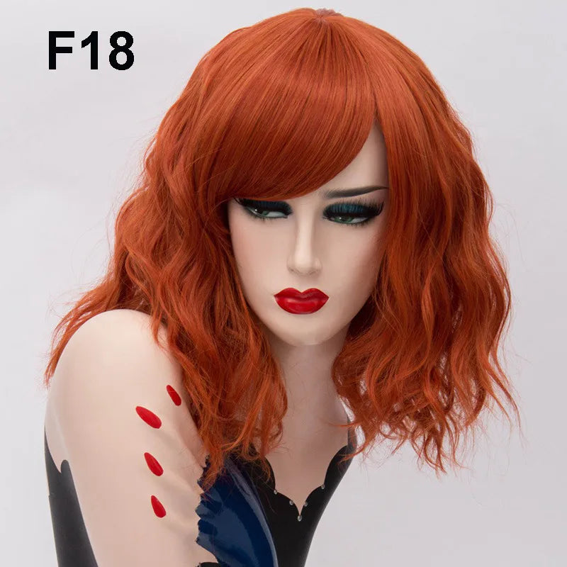 GAKA Short Wig Grey White Wavy Cosplay Red Wig with Side Bang for Women 32 Colors Party Costume Lolita Synthetic Hair