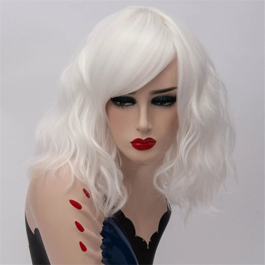GAKA Short Wig Grey White Wavy Cosplay Red Wig with Side Bang for Women 32 Colors Party Costume Lolita Synthetic Hair