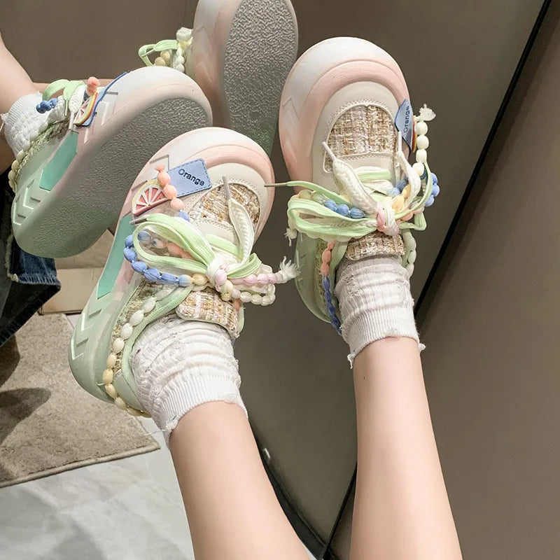 Basket Thick Sole Running Shoe Pink/Green Chunky Platform Fashion Trend 2026 Women Sneakers Casual Skate Shoes