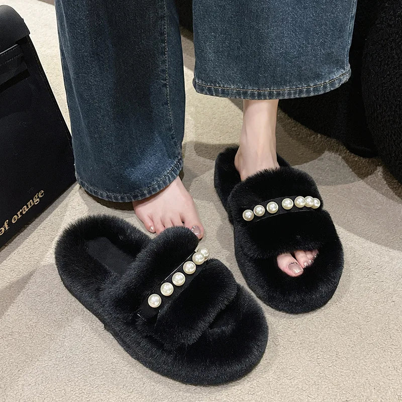 New Winter Online Celebrity Warm Fashion Pearl Adult Home Slippers Fur Warm Shoes Flats Female Adult Non-slip Outdoor Slippers