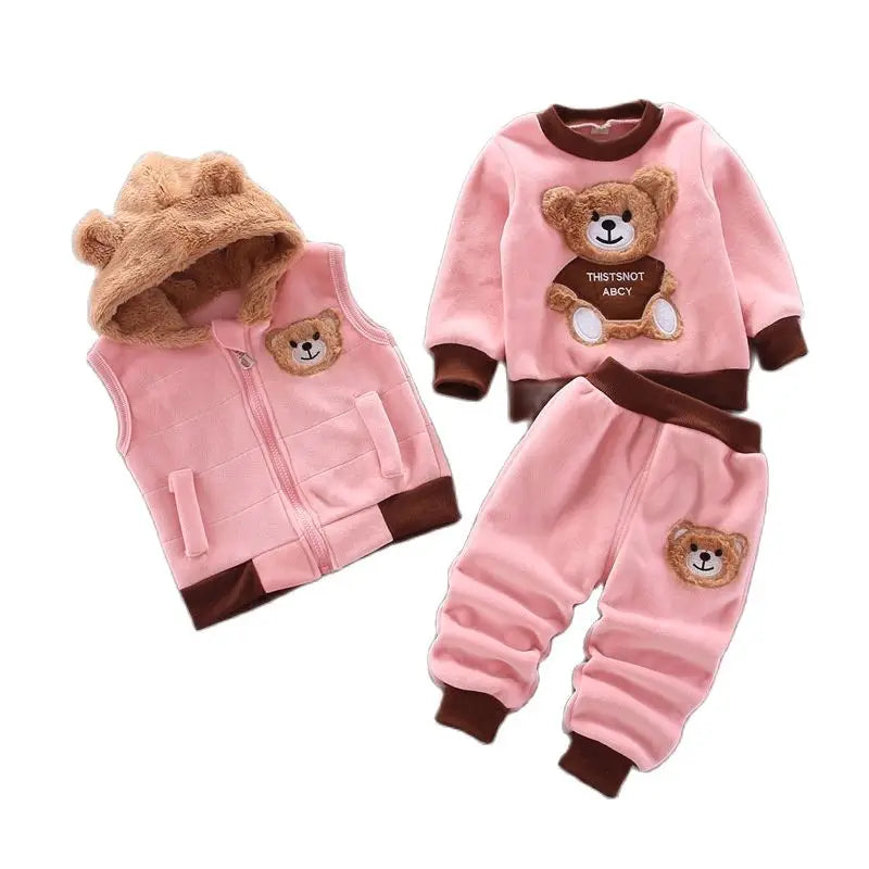 Children Clothing Sets Winter Plus Velvet Thick Warm 3Pcs Outfit Cartoon Bear Baby Boys Clothes Sport Tracksuit Set For Girls