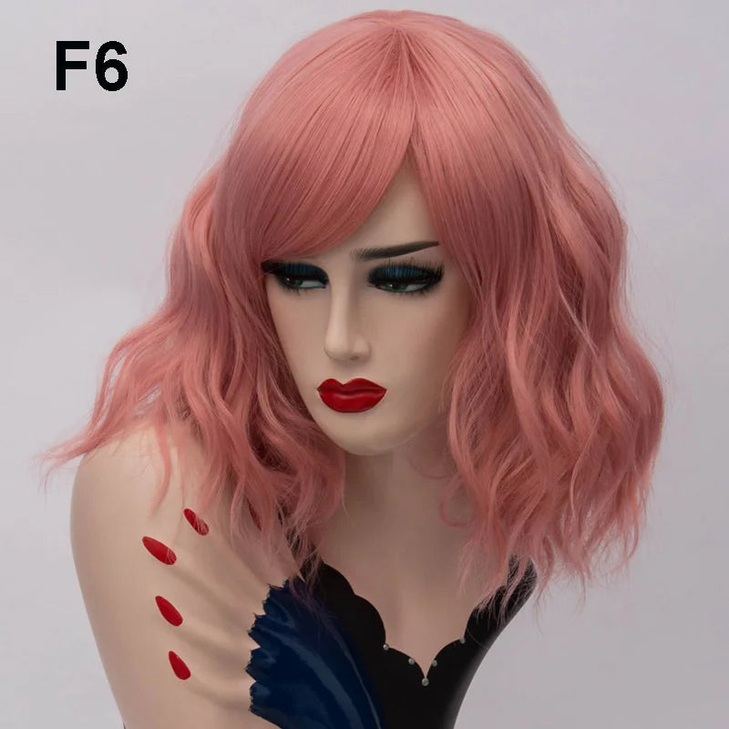 GAKA Short Wig Grey White Wavy Cosplay Red Wig with Side Bang for Women 32 Colors Party Costume Lolita Synthetic Hair