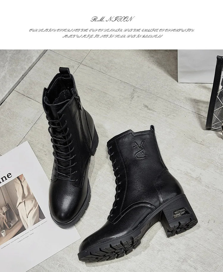 Luxury Women Warm Matrtin Leather Boots Platform Ladies  Winter Shoes