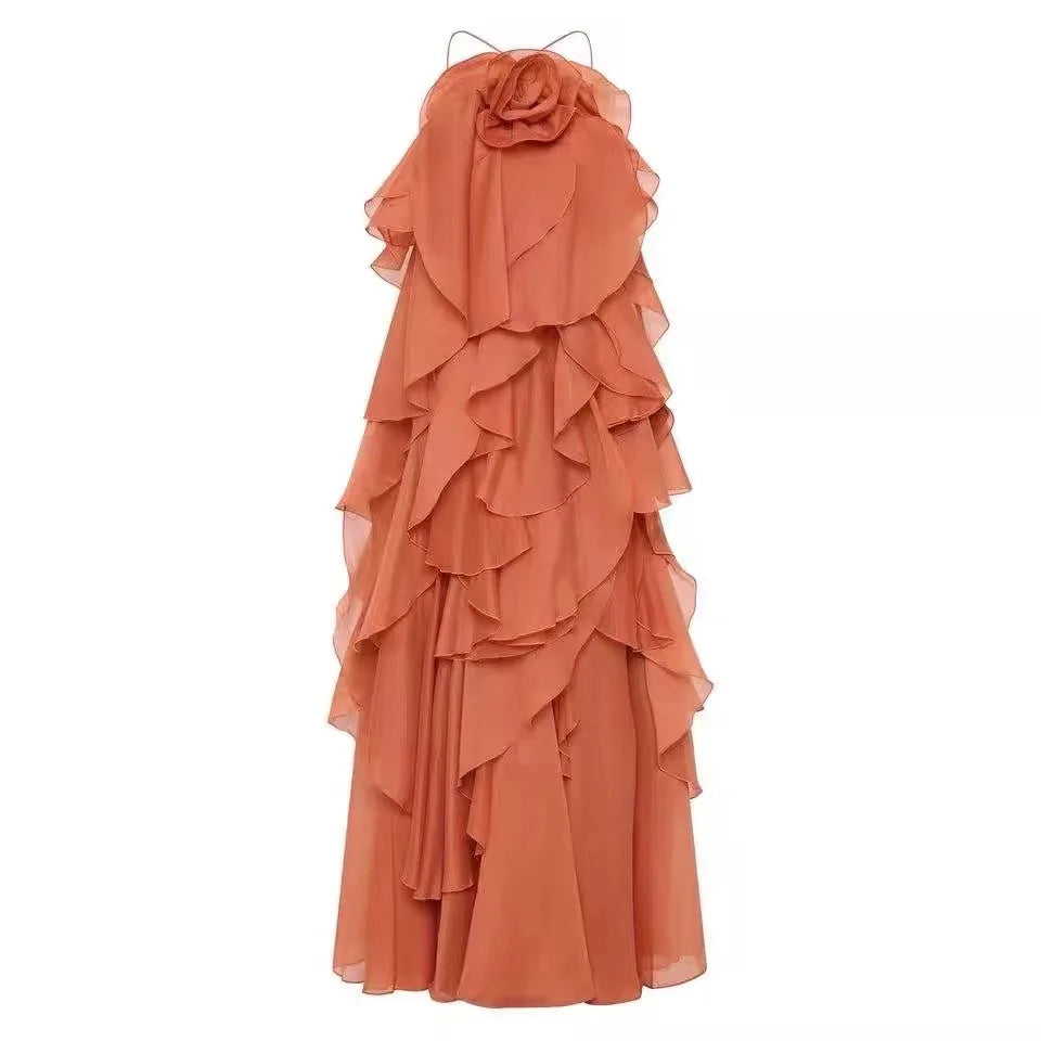 Beach Long Sleeveless Dress for Women Summer Design Fashion Halter Backless Solid 3D Appliques Cascading Ruffles A-Line Party