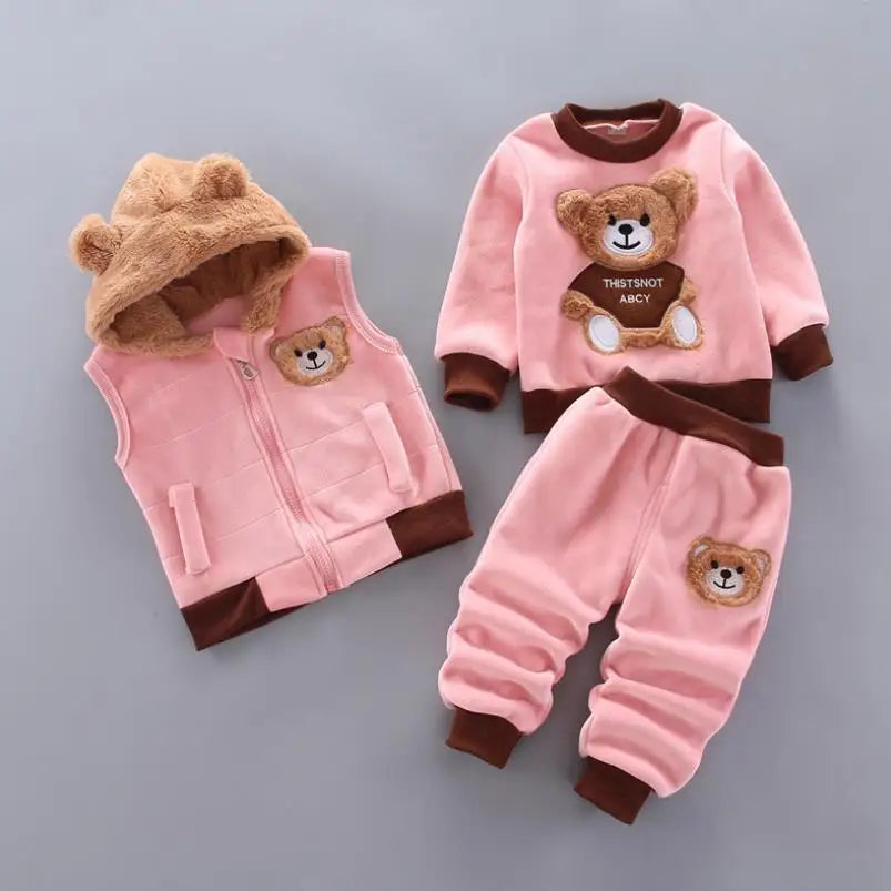 2026 New Baby Boys Girls Christmas Cartoon Winter Hooded Plush Warm Vest Coat+Sweatshirt+Pants 3Pcs Infant Children Sports Suit