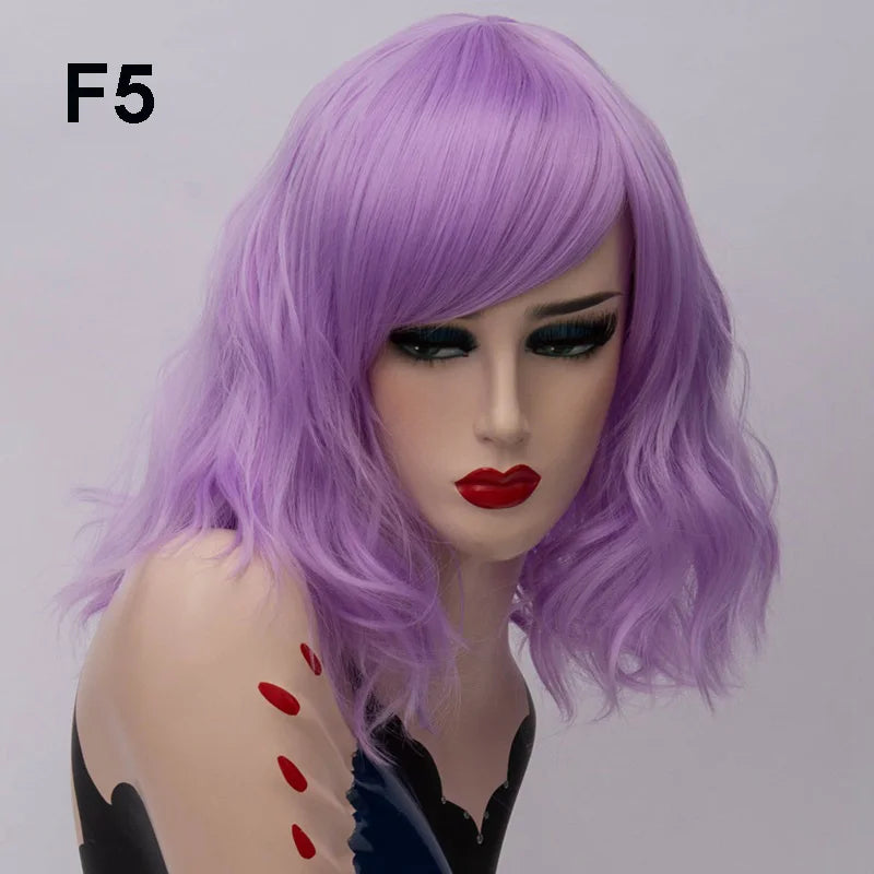 GAKA Short Wig Grey White Wavy Cosplay Red Wig with Side Bang for Women 32 Colors Party Costume Lolita Synthetic Hair