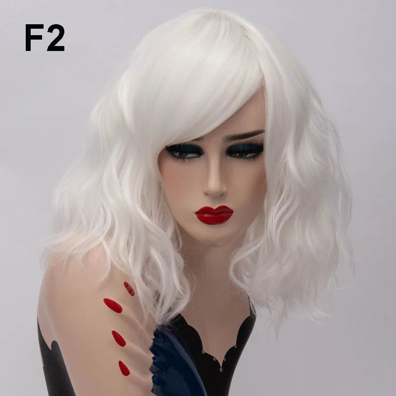 GAKA Short Wig Grey White Wavy Cosplay Red Wig with Side Bang for Women 32 Colors Party Costume Lolita Synthetic Hair