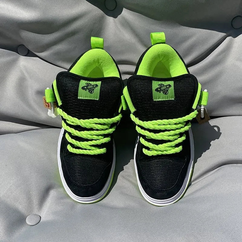 Niche Original Design Casual Bread Shoes Women's Large Size Couple Thickened Tongue Fluorescent Green Skull Pattern Mesh Fabric