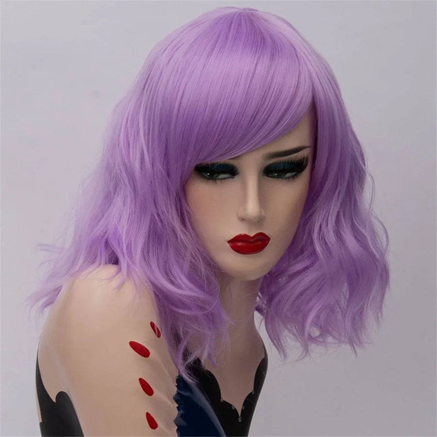 GAKA Short Wig Grey White Wavy Cosplay Red Wig with Side Bang for Women 32 Colors Party Costume Lolita Synthetic Hair