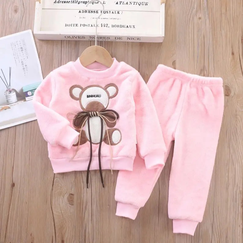 Girls Clothing Sets Children's Flannel Pajamas Home Clothes Casual Warm and Children Baby Sleepwear Suit Fleece Plain Solid