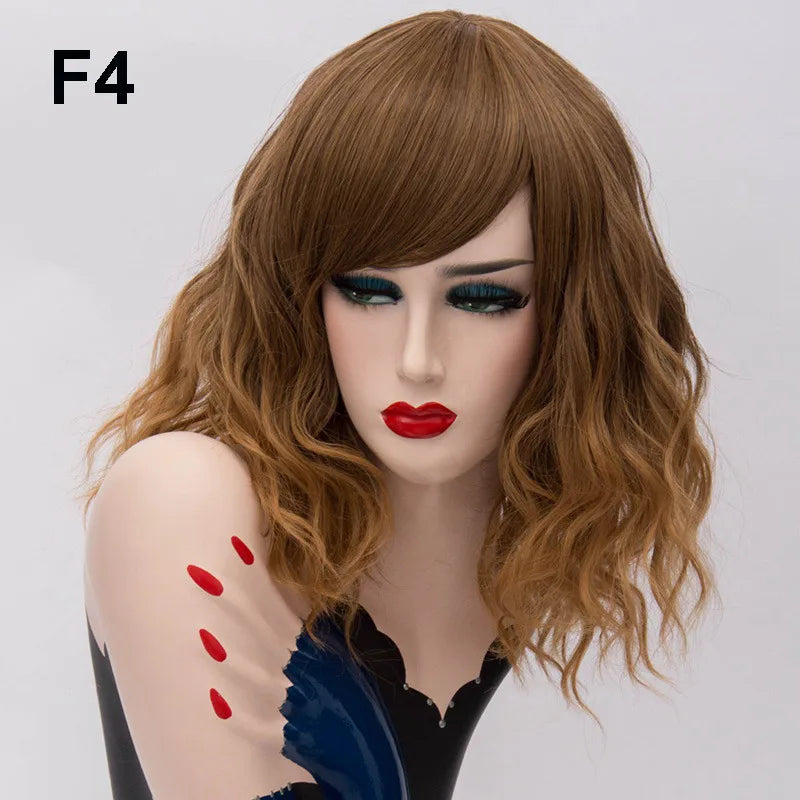 GAKA Short Wig Grey White Wavy Cosplay Red Wig with Side Bang for Women 32 Colors Party Costume Lolita Synthetic Hair