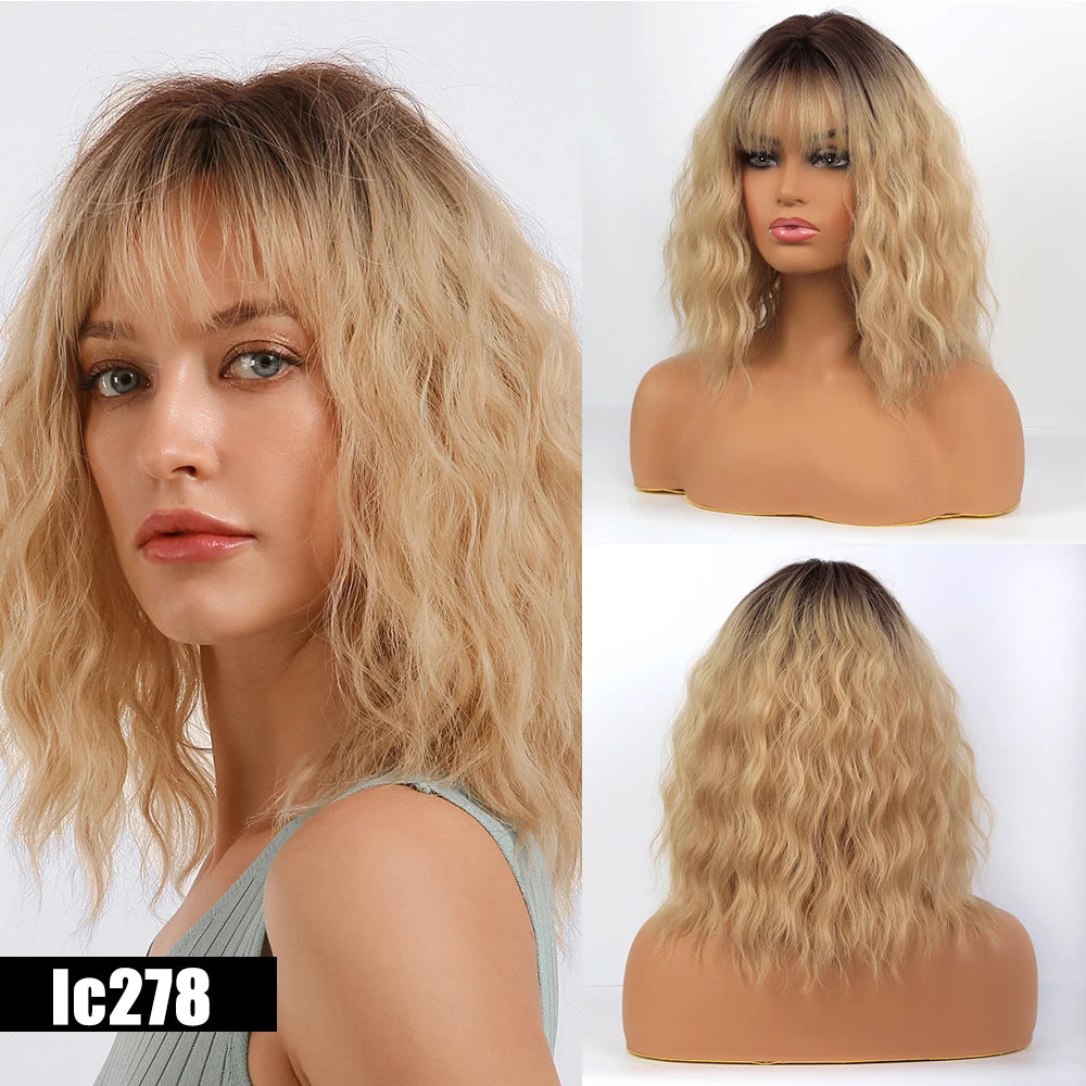 ELEMENT 16 Inch Ombre Golden Blonde Loose Curly Hair Wig with Bangs Lolita Cosplay Party Daily Wigs for Women