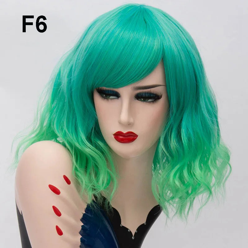 GAKA Short Wig Grey White Wavy Cosplay Red Wig with Side Bang for Women 32 Colors Party Costume Lolita Synthetic Hair