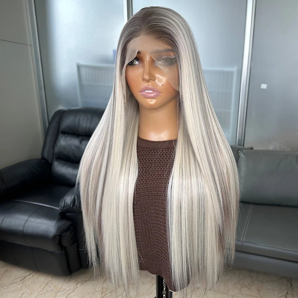 Long Straight Ombre Grey Lace Frontal Wigs 13X6 Heat Resistant Synthetic Lace Front Wigs for Black Women