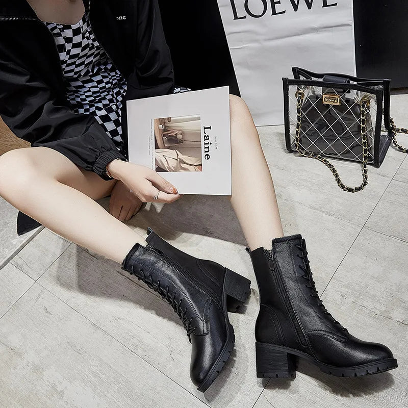Luxury Women Warm Matrtin Leather Boots Platform Ladies  Winter Shoes