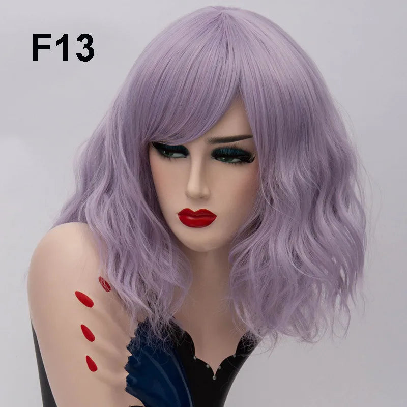 GAKA Short Wig Grey White Wavy Cosplay Red Wig with Side Bang for Women 32 Colors Party Costume Lolita Synthetic Hair