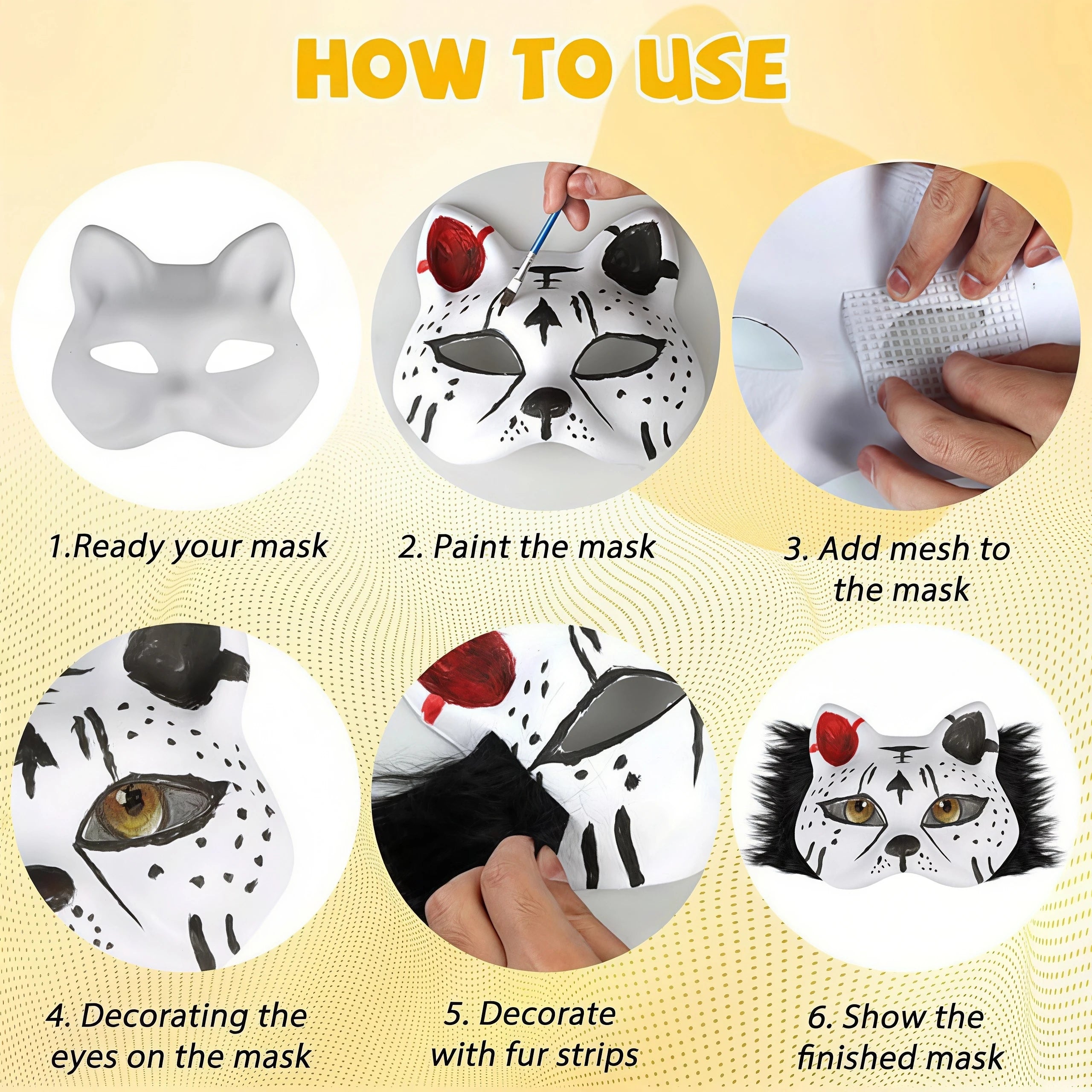 43 Pcs DIY Therian Mask Kit Half Face Hand-painted Cat Mask DIY Masks Blank White Cat Mask for Carnival Masquerade Cosplay Party